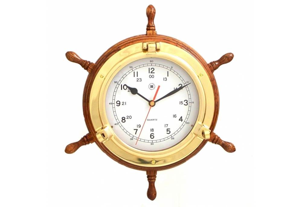 Brass/Oak Ship's Wheel, Clock - GoNautical