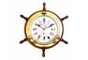 Brass Porthole Clock on Oak Ship's Wheel w/Nautical Signal Flags