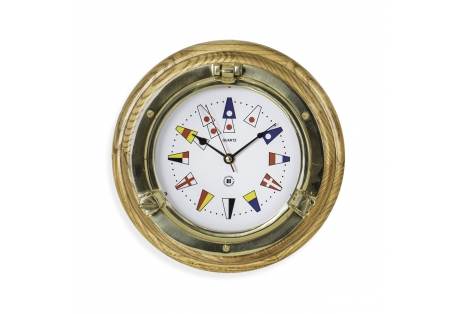 Brass Porthole Clock on Oak w/Nautical Flags Numbers 