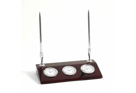 Tokyo 3 Time Zone Desk Clock w/ 2 Pens On Rosewood Base