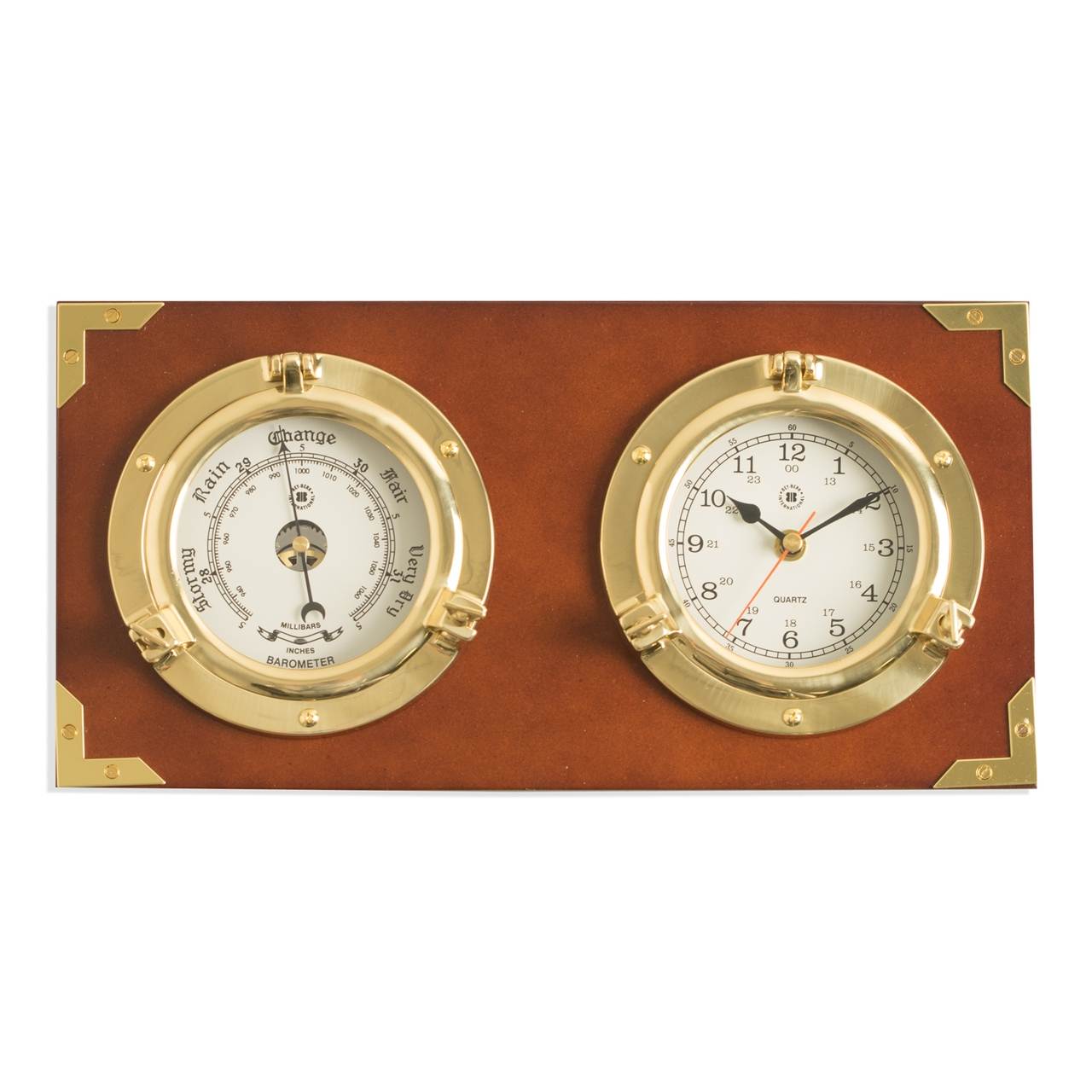 Two Porthole Quartz Clock and Barometer on Teak Finished Wood