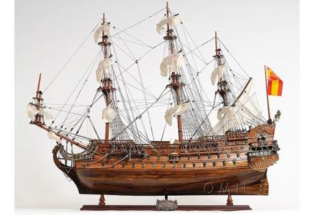 San Felipe model features plank on frame, wooden bowsprit, foremast, mainmast, and mizzen mast. Model has attached hand-stitched rolled up sails made of fabric.