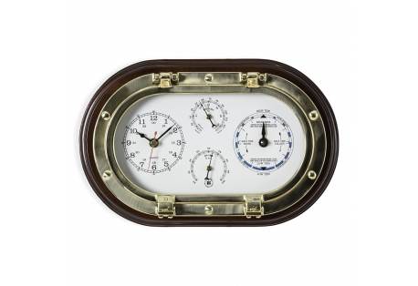 Brass Porthole Clock, Tide Clock, Thermo., & Hygro on Mahogany Wooden Plaque