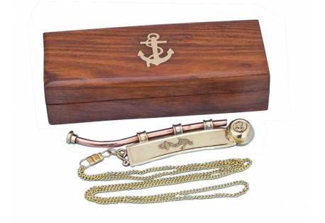 Brass/Copper Bosun Whistle 6" w/ Rosewood Box