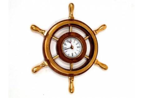 12" Wooden Ship Wheel Clock With Brass Handles