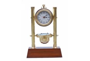 Brass Compass with Clock and Thermometer