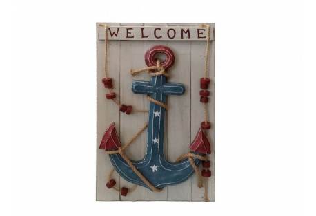 Nautical Wall Decor Welcome Sign with Blue Anchor 