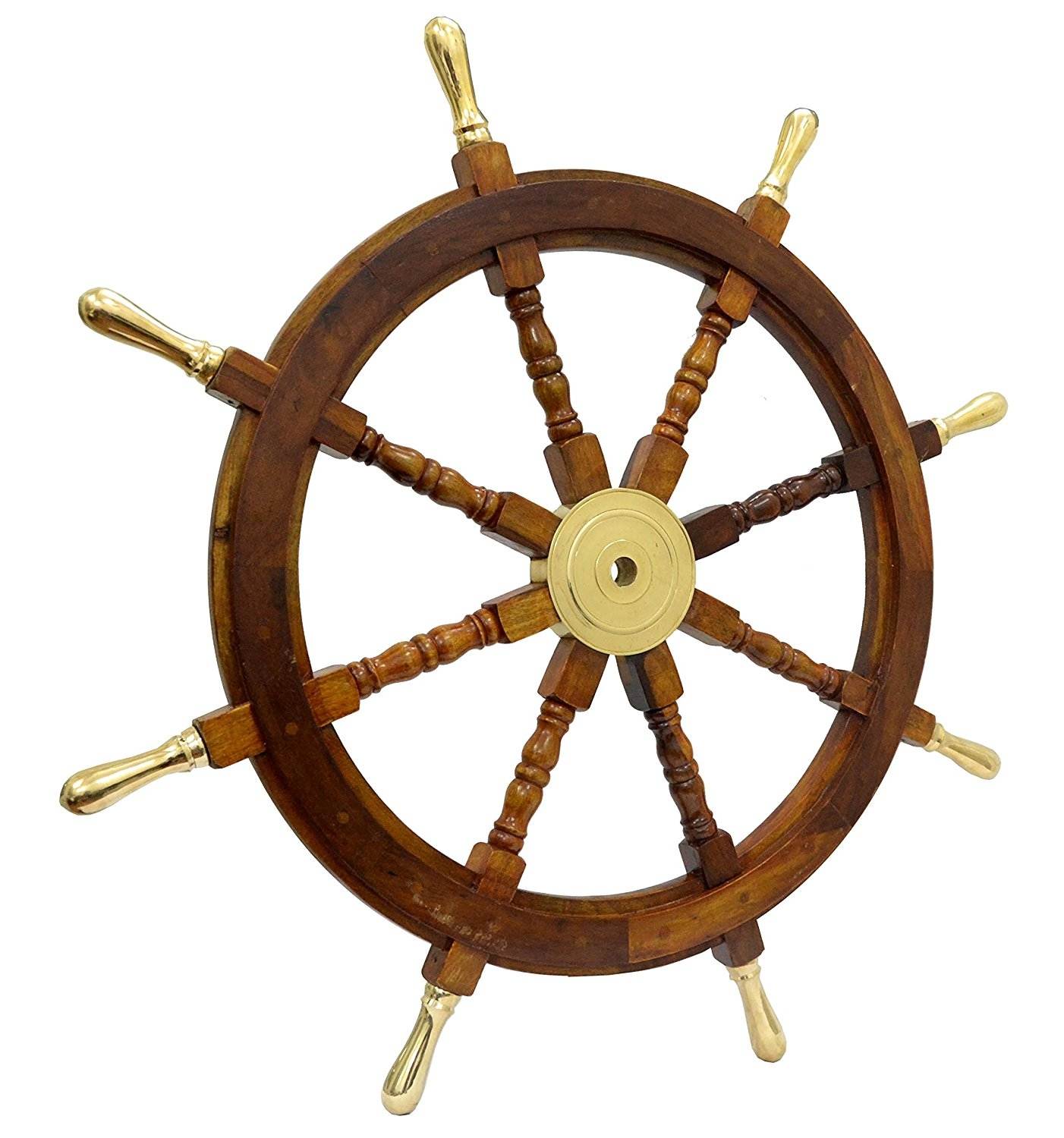 Ship's Steering Wheel 18" w/ Brass Clock Wooden Nautical Wall Decor New 