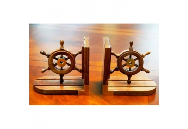 Bookend Pair Wooden Ship Wheel Brass Fitted