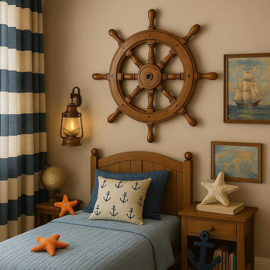 “A coastal escape for your little explorer” - anchor wall art
- lighthouse night light
- rope shelf design
- seashell decorations
- whale and dolphin motifs
- navy blue and white palette
- driftwood furniture
- treasure chest toy box
- starfish and coral accents
- sailboat mobile
