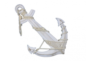 Anchor w/ Hook Rope and Shells 24" Wooden Rustic Whitewash