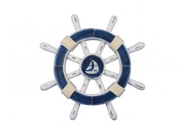 Rustic Blue And White Decorative Ship Wheel With Sailboat 12"