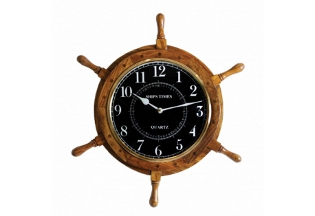 Wooden Black-Faced Ship Wheel Clock 18"