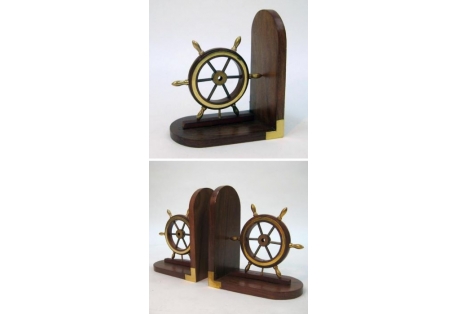 Bookend Pair Wooden Ship Wheel Brass Fitted