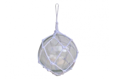 Clear Japanese Glass Ball Fishing Float With White Netting Decoration 12" 