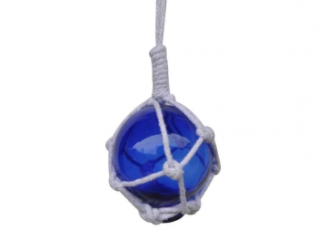 Blue Japanese Glass Ball Fishing Float With White Netting Decoration 2"