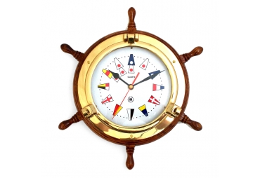 Brass Porthole Clock on Oak Ship's Wheel w/Nautical Signal Flags