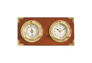 Two Porthole Quartz Clock and Barometer on Teak Finished Wood. Wall mounts horizontally.