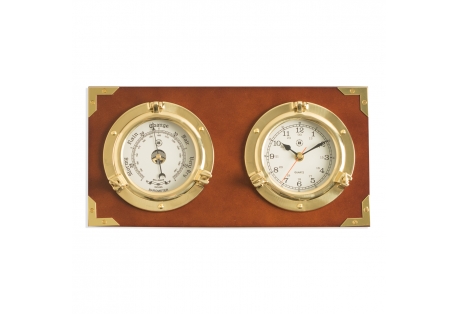 Two Porthole Quartz Clock and Barometer on Teak Finished Wood. Wall mounts horizontally.