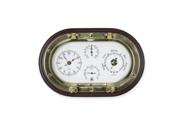 Brass Porthole Clock, Barometer, Thermometer, Hygrometer on Mahogany Plaque 